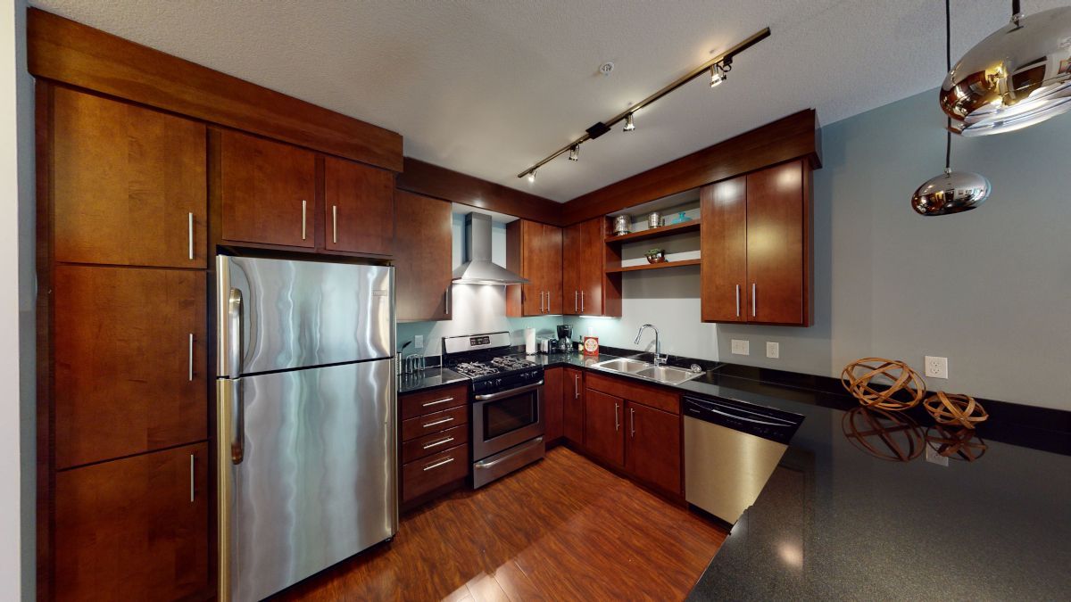 Modern kitchen with stainless steel appliances, dark wood cabinets, and black countertops
