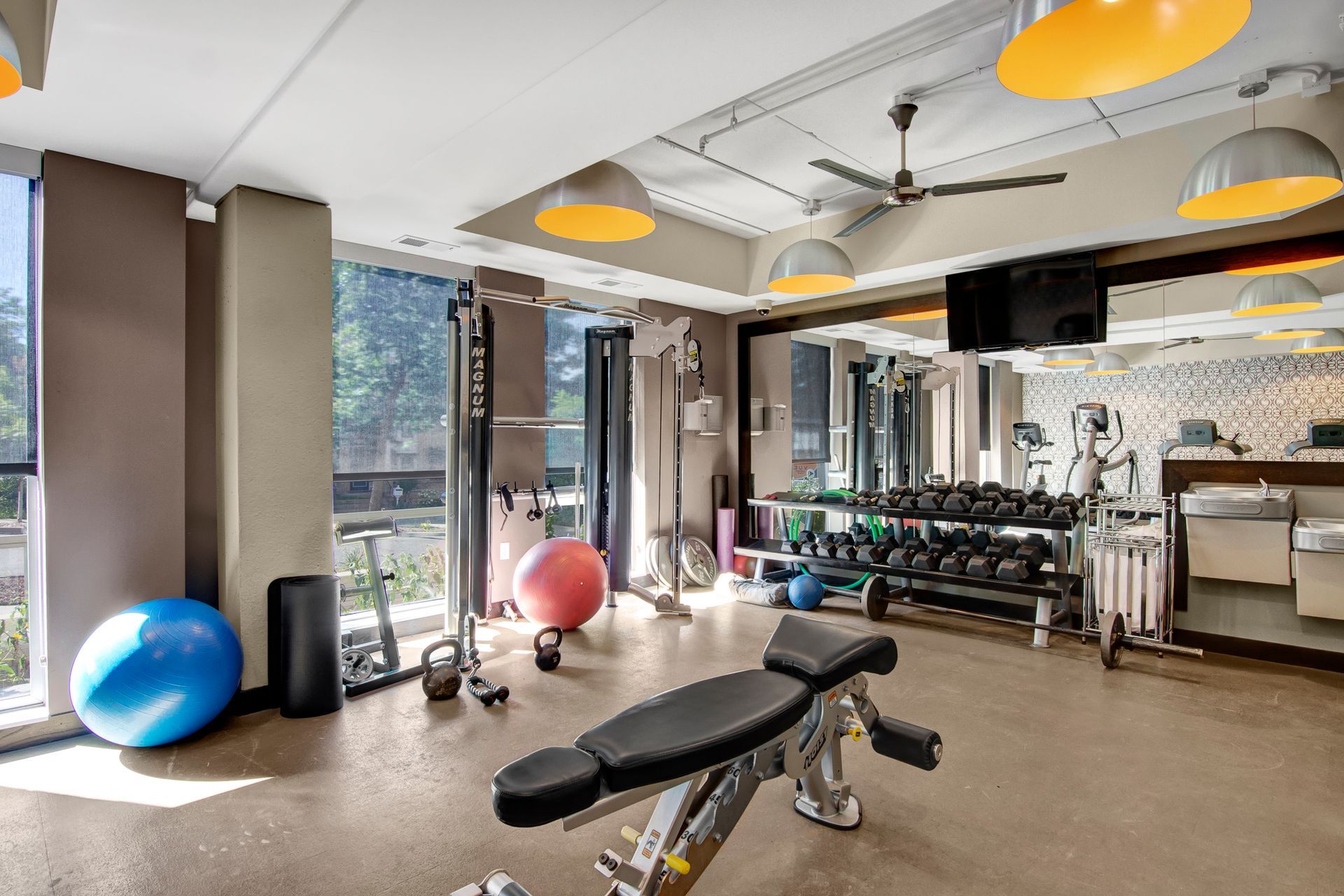 Bright gym with exercise bench, dumbbells, stability balls, and large windows.