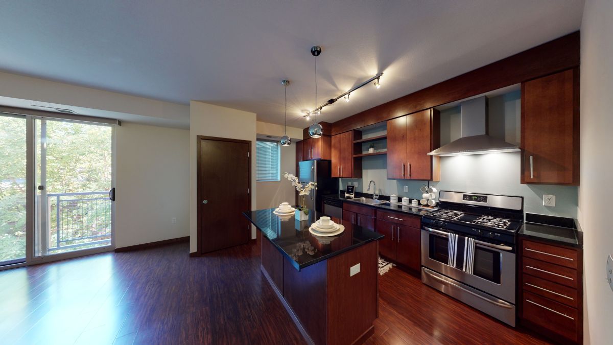 Modern kitchen with dark wood cabinets, stainless steel appliances, and open living area with sliding glass doors