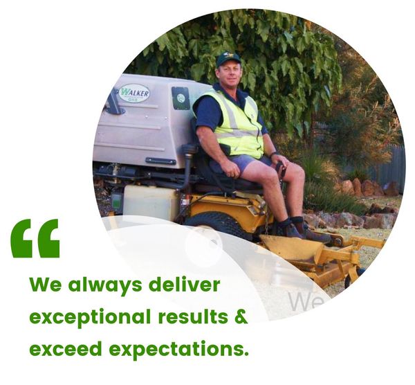 A man is sitting on a lawn mower with a quote that says we always deliver exceptional results and exceed expectations