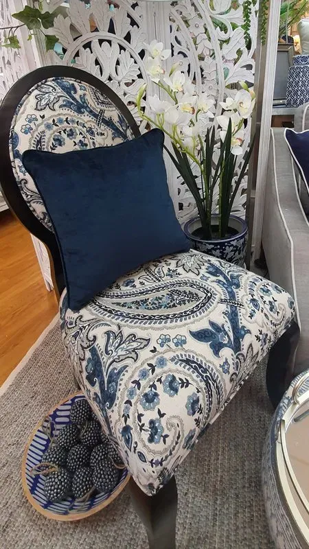 Blue And White Chair With Blue Pillow | Cleveland, QLD | Miraje Home Decor & Soft Furnishings