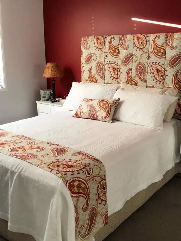 White Bed With Red Patterned Headboard | Cleveland, QLD | Miraje Home Decor & Soft Furnishings