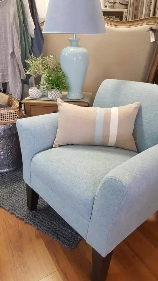 Light Blue Chair With Brown Pillow | Cleveland, QLD | Miraje Home Decor & Soft Furnishings