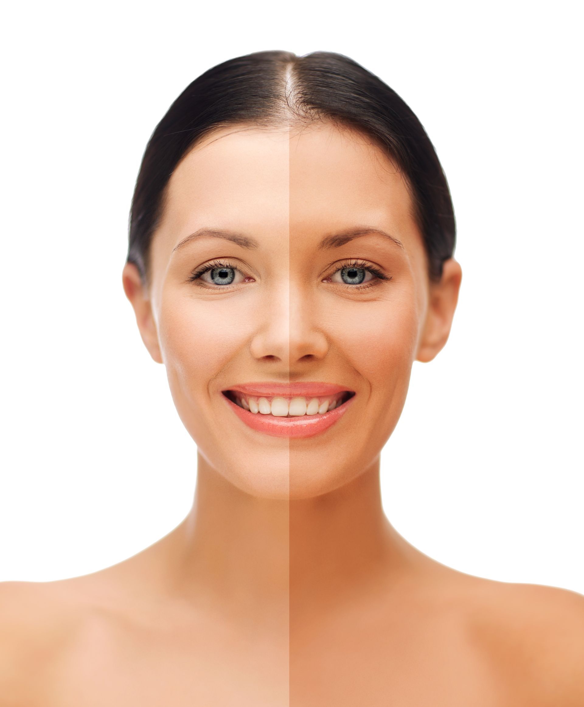 A woman 's face is shown before and after a tanning session.