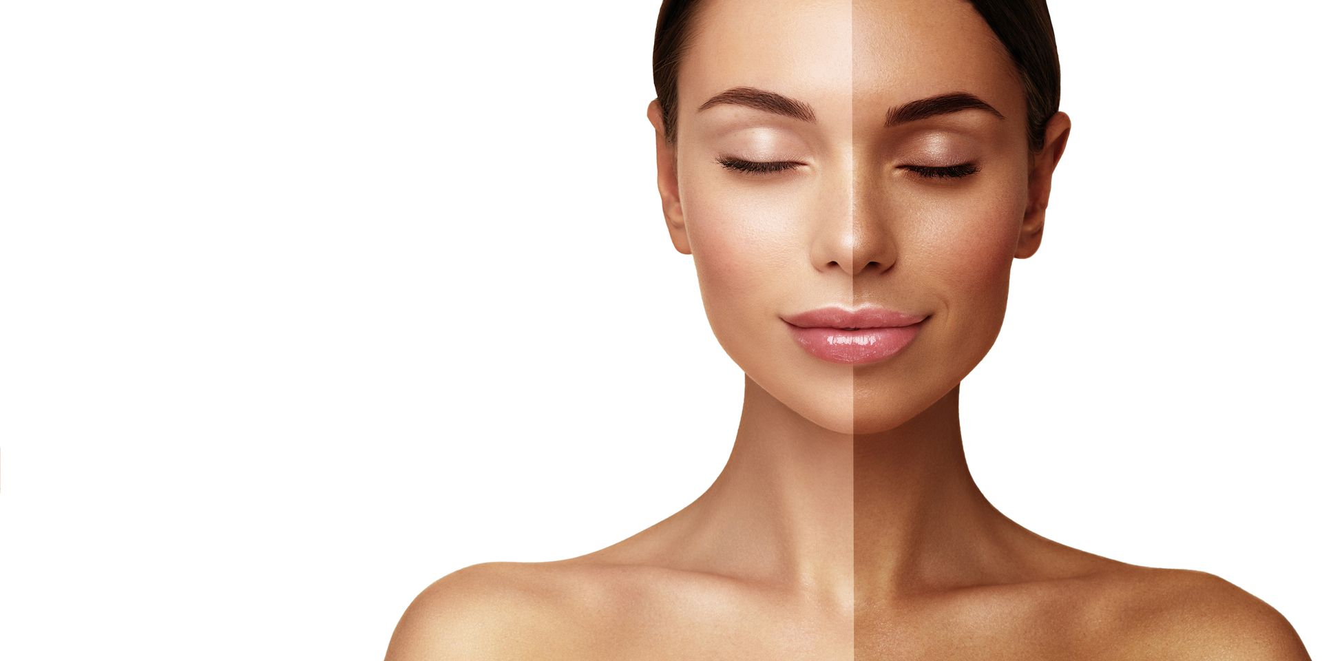 A woman's face with a half-tanned effect, showing the contrast between fair and tanned skin.