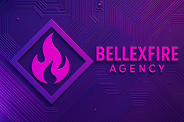 The logo for BellexFire lead gen agency is a fire flame inside a diamond with purple and pink hues background.