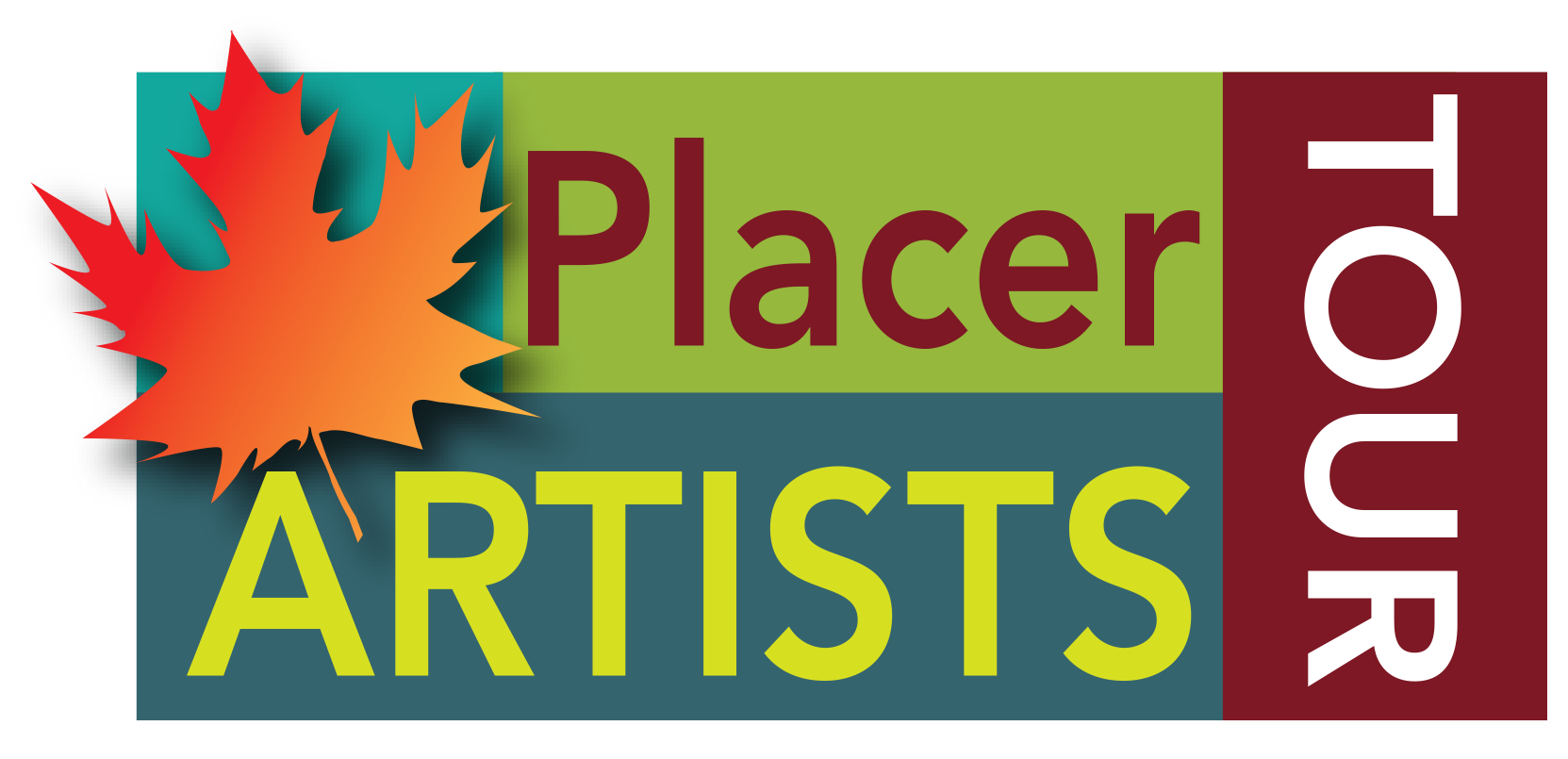 Logo for Placer Artists Tour, featuring a colorful maple leaf and the words 