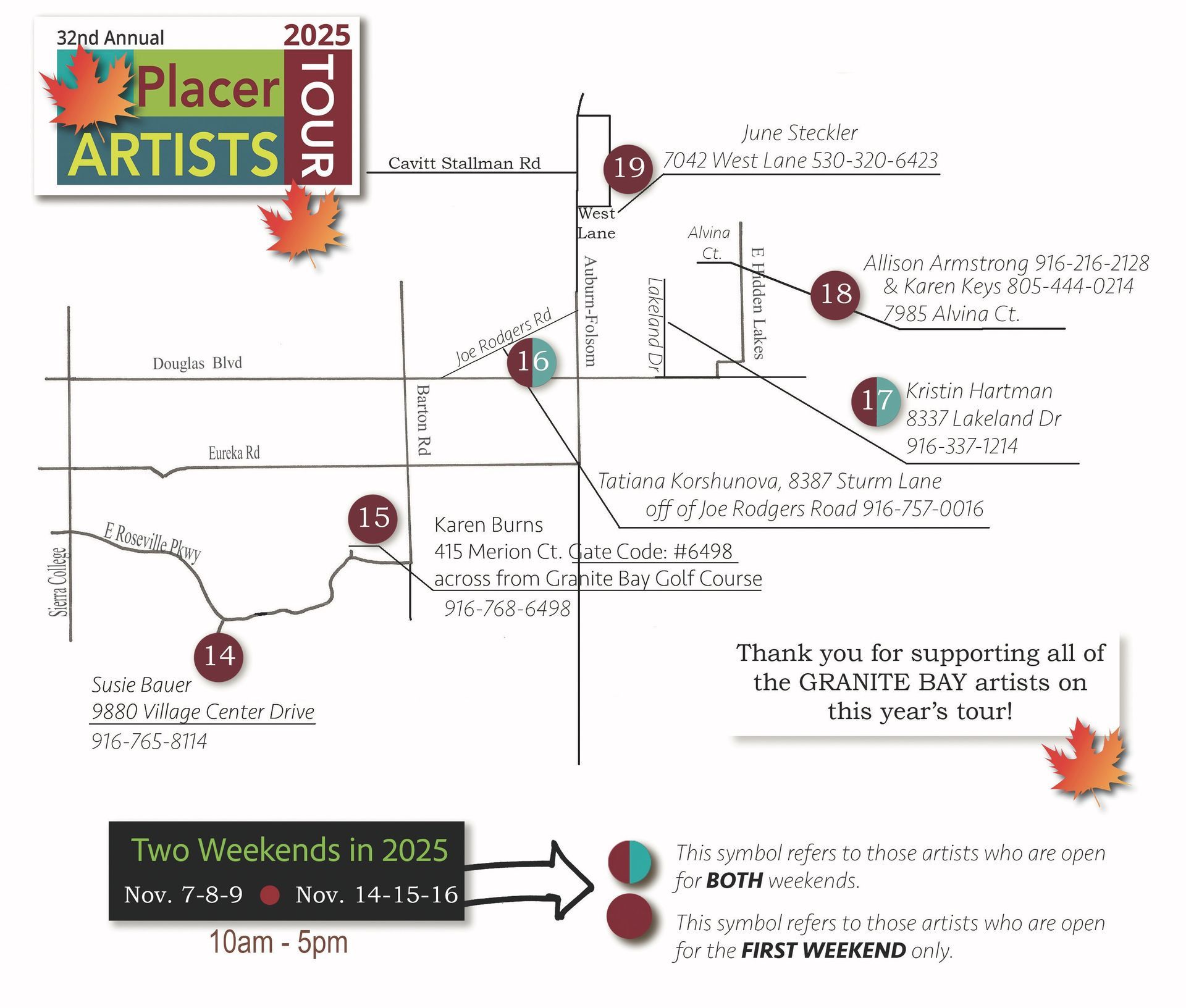 Map of the Placer Artists Tour in 2025, featuring various art stops.
