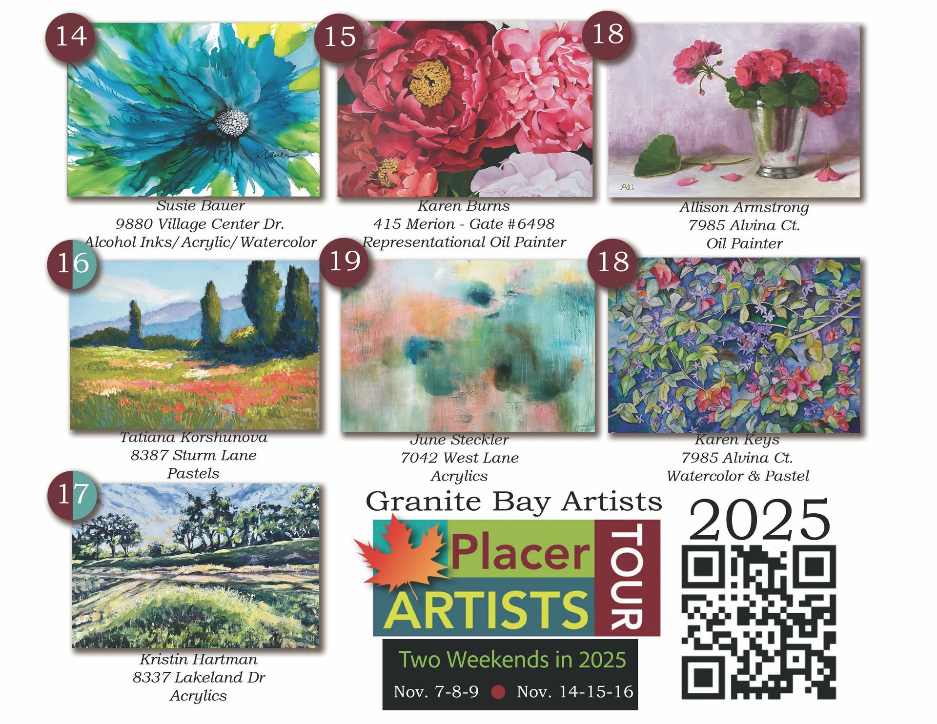 Artwork samples from Granite Bay Artists Tour 2025: floral paintings, landscapes, and abstract art.