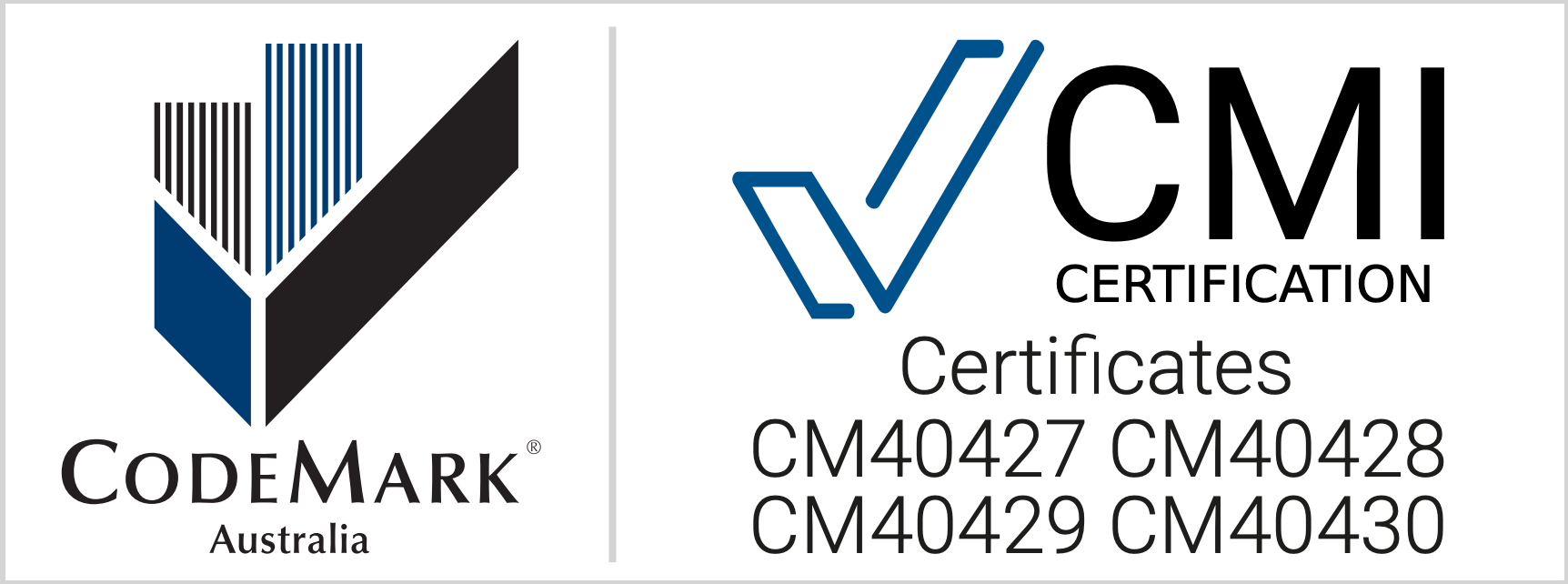 Logos for CodeMark Australia and CMI Certification. Includes certification numbers CM40427-CM40430.