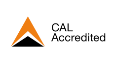Logo: Orange and black triangle with