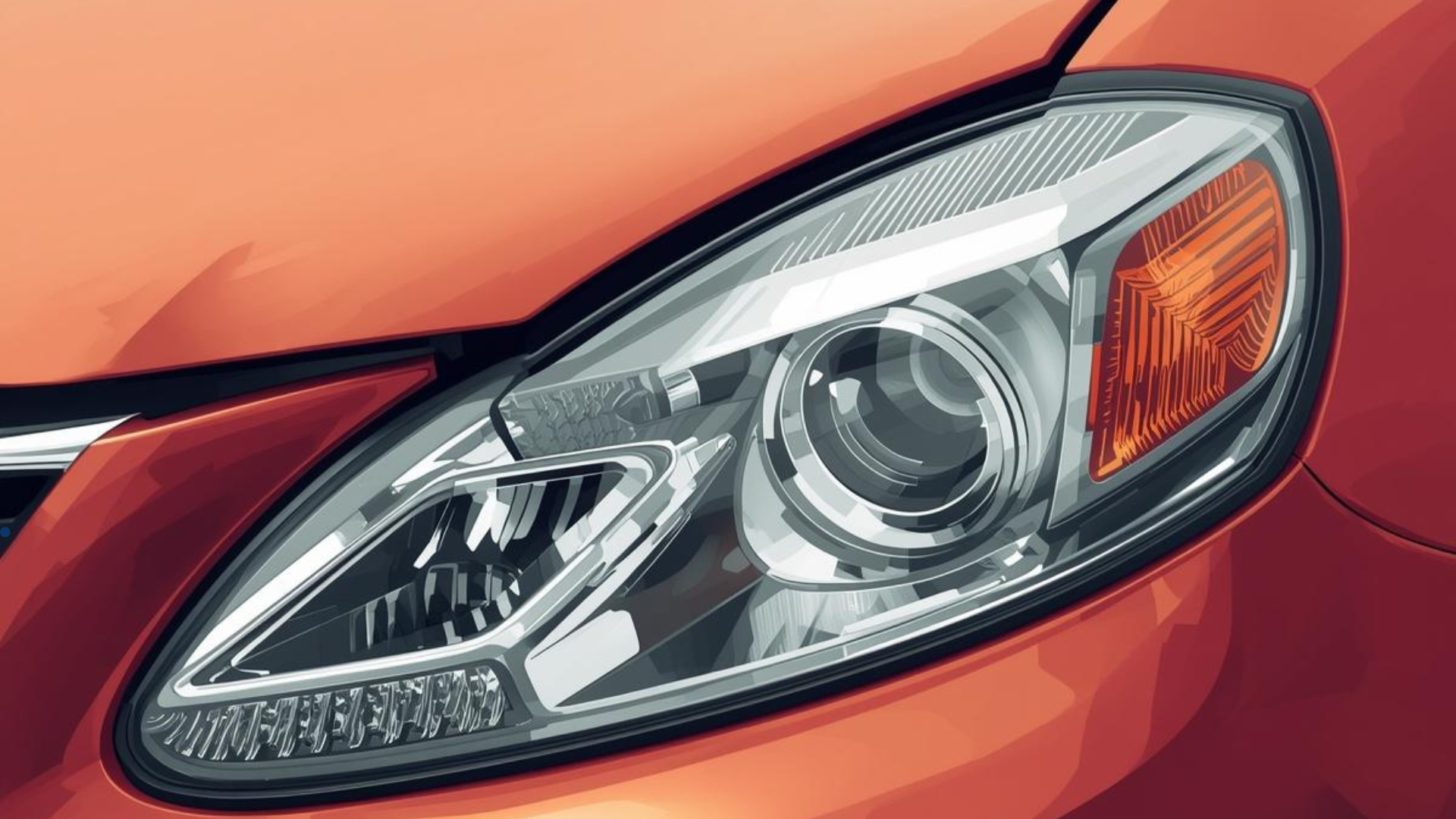 A close-up view of an orange car's headlight, showcasing the intricate design and lighting