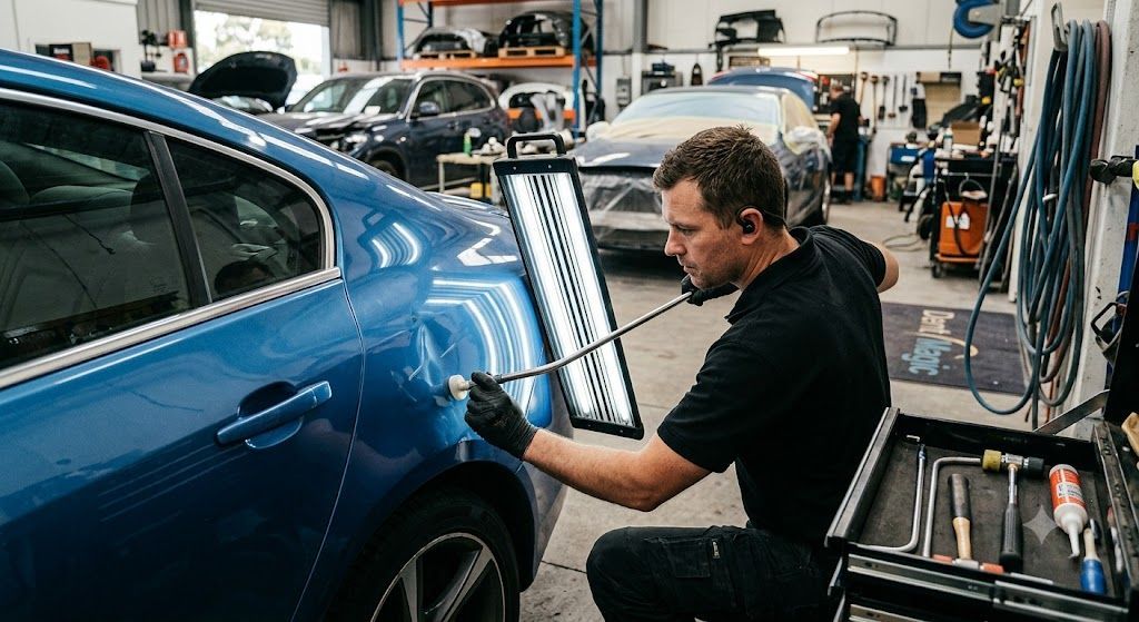 Auto technician repairing a blue car door with precision tools during body work service.