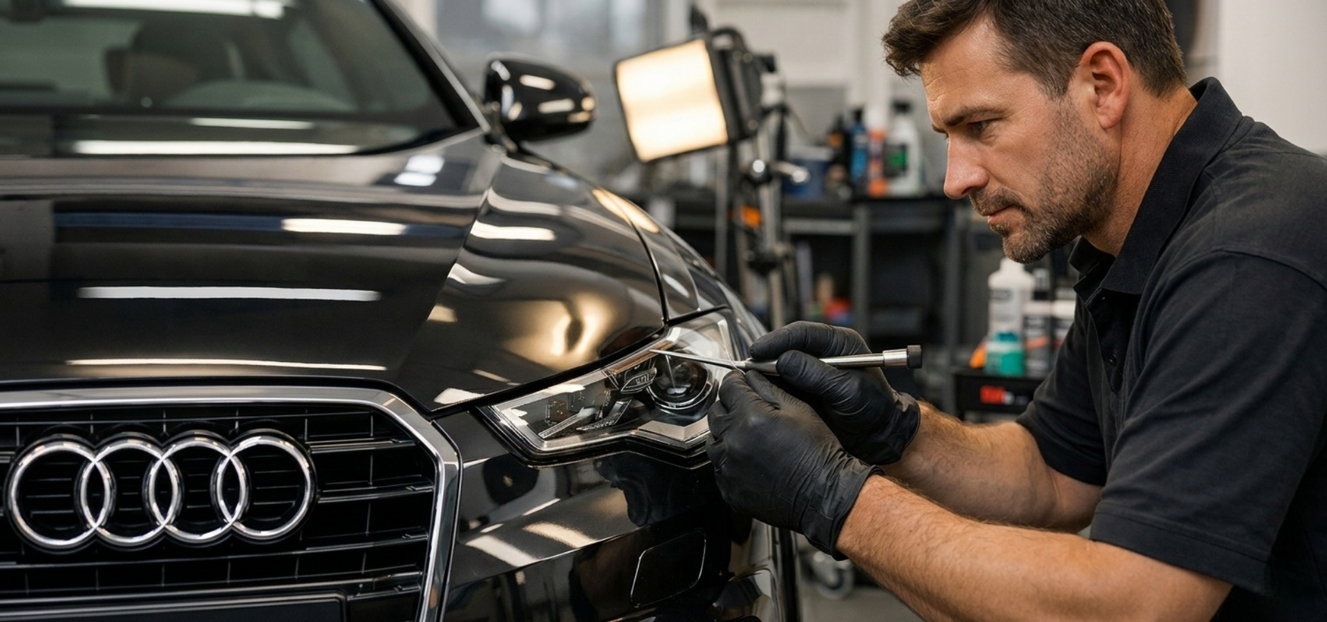 A technician in black gloves meticulously repairs a headlight on a black Audi car in a workshop.