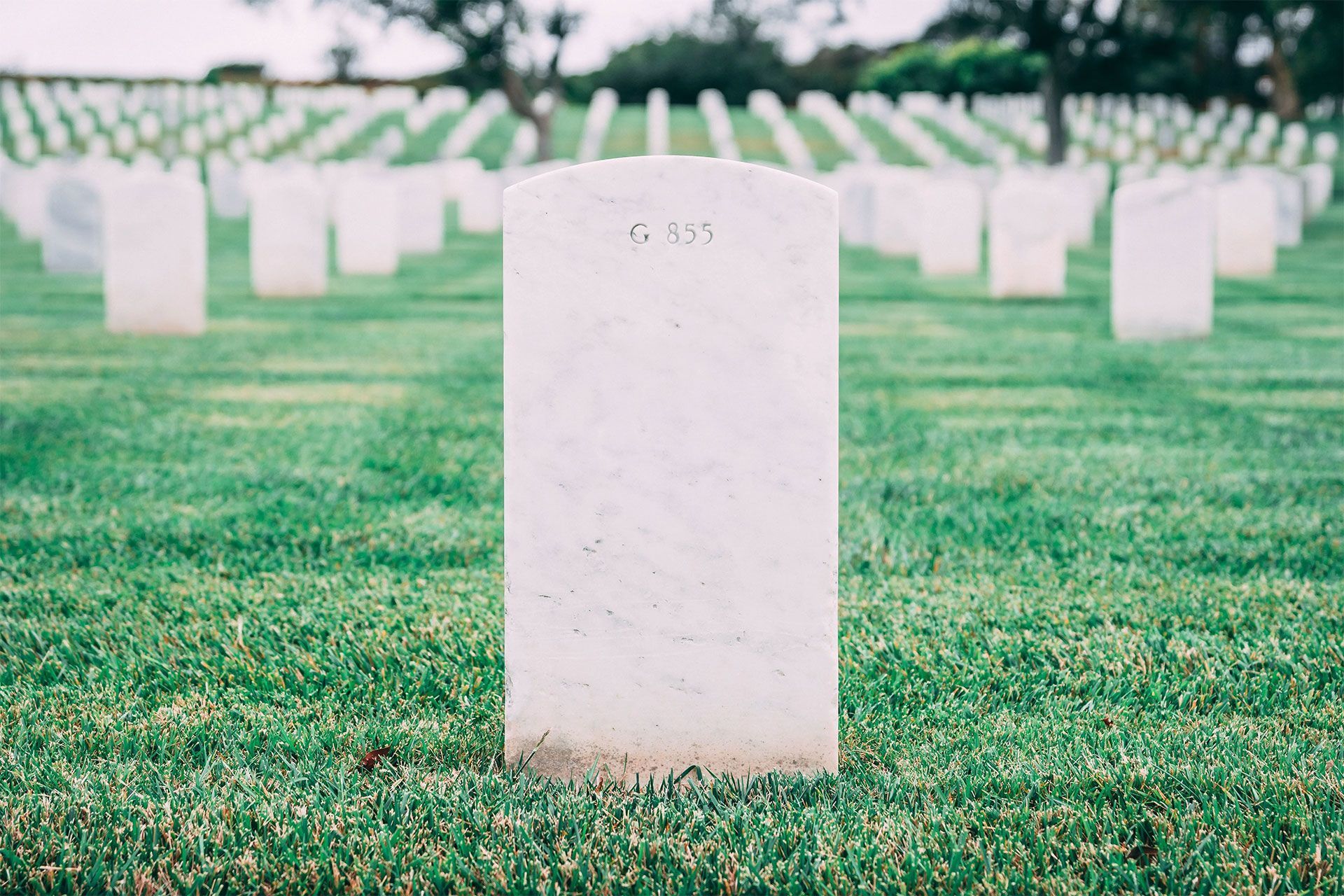 Tombstone in a cemetery with rows of other headstones on a green lawn.