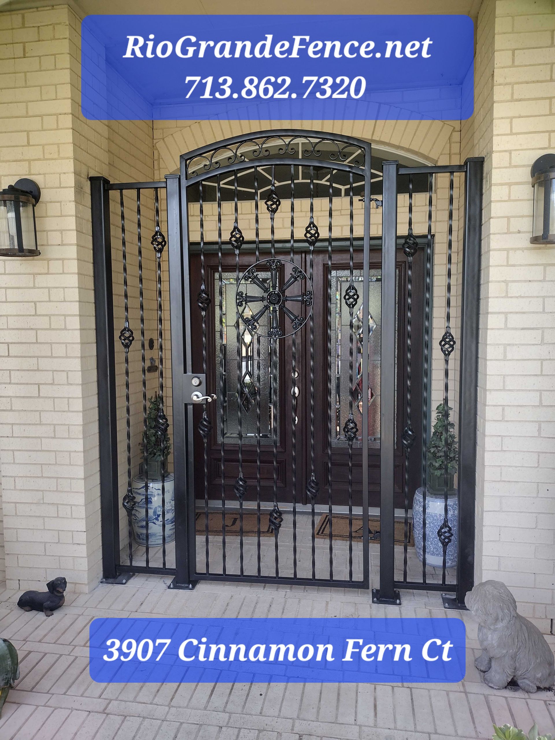 A Wrought Iron Gate in Front of A Brick Building - Houston, TX - Rio Grande Fence Company