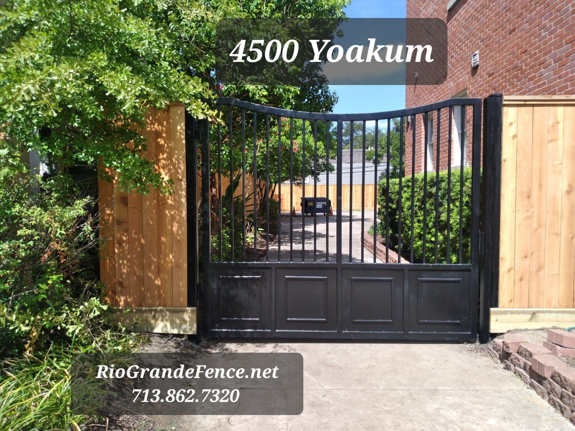 A Black Gate with The Words 4500 Yoakum Above It - Houston, TX - Rio Grande Fence Company