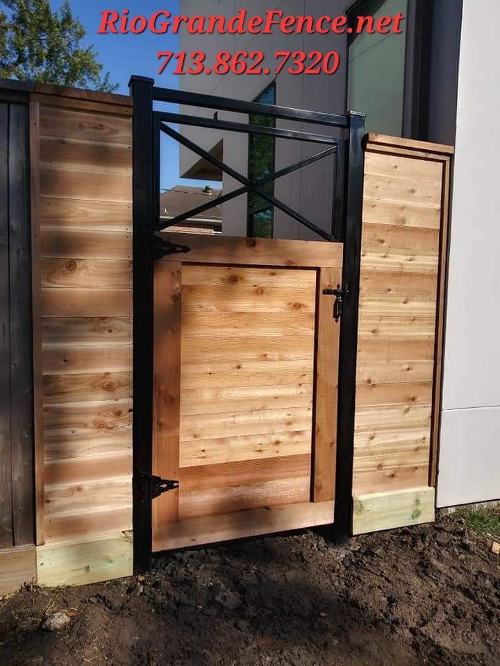 A Wooden Fence with A Metal Gate that Says Rio Grande Fence - Houston, TX - Rio Grande Fence Company