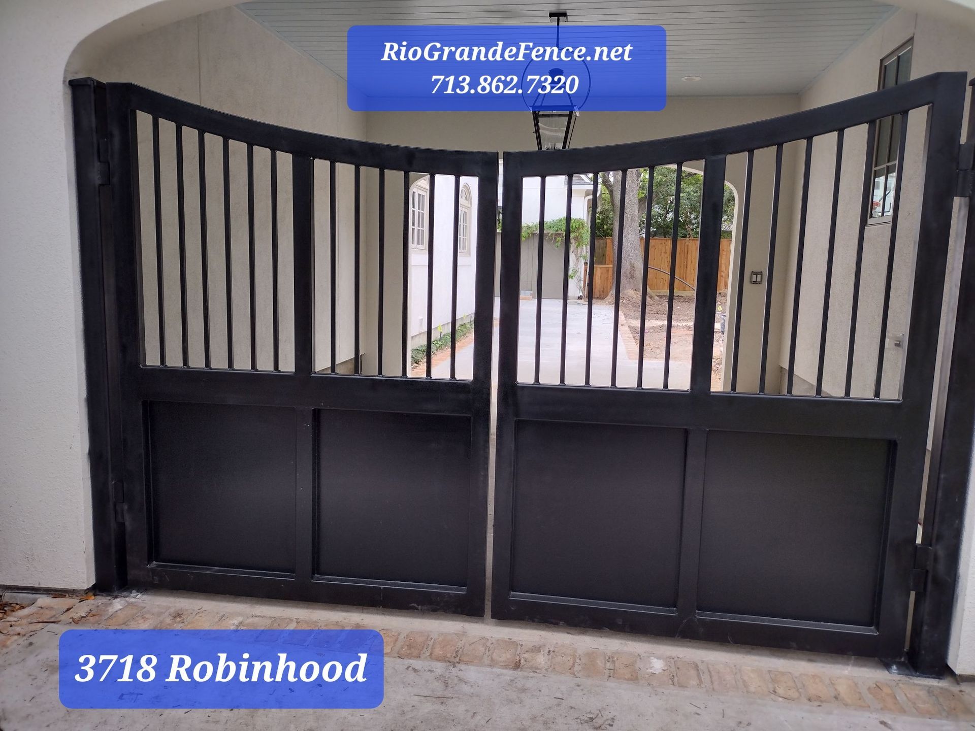 A Black Gate with A Blue Sign that Says 3718 Robinhood on It - Houston, TX - Rio Grande Fence Company
