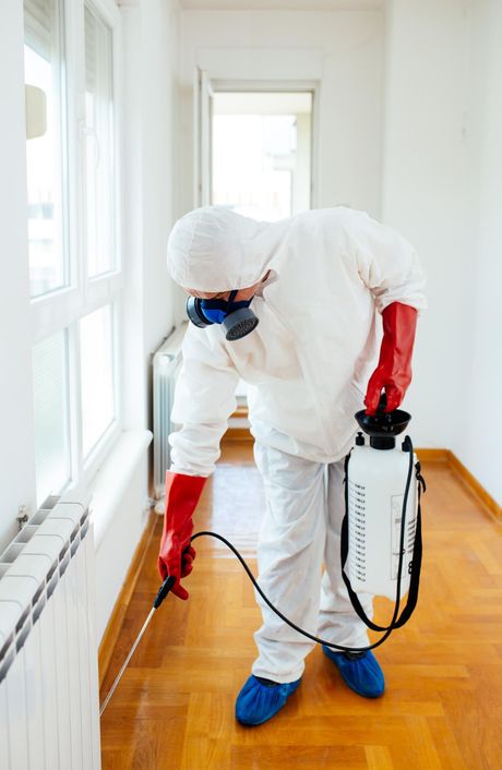 A man in a protective suit is spraying a room with a sprayer.