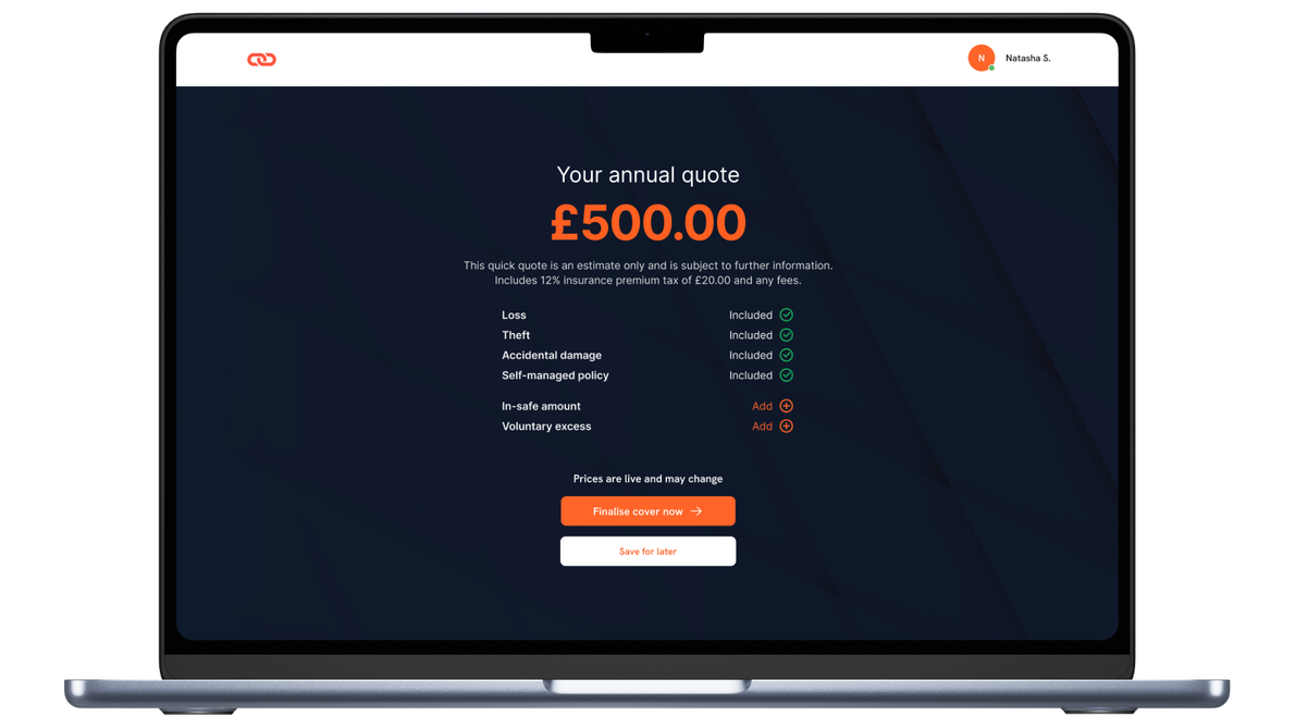 A laptop computer is open to a website that says `` here 's your collection insurance quote ''.