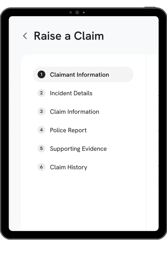 A screenshot of a raise a claim page on a tablet.