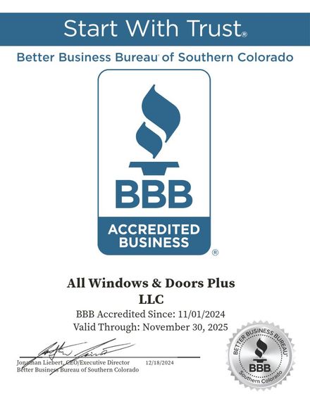 A certificate from the better business bureau of southern colorado for All Windows & Doors Plus