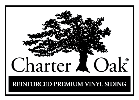 Charter Oak logo with tree and text: Reinforced Premium Vinyl Siding. Black text and tree on white background.