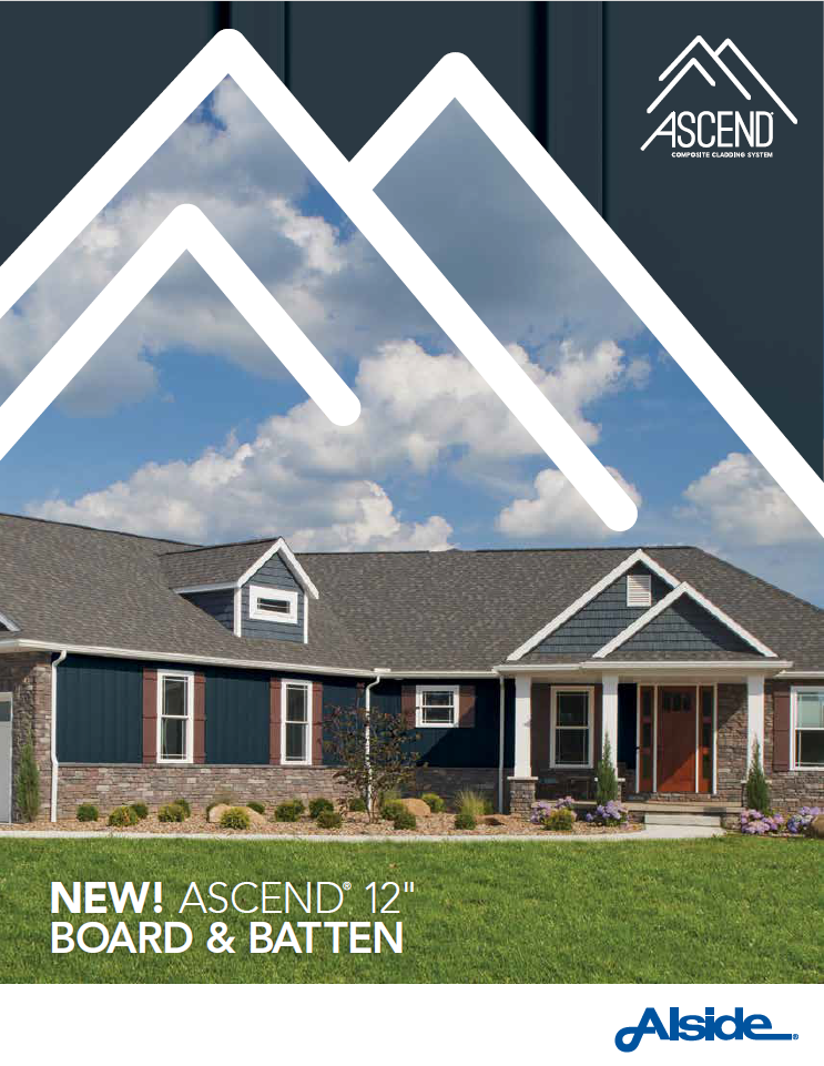 Brochure cover: House with dark blue siding, brown accents, gray roof, and green lawn. Ascend Board & Batten.