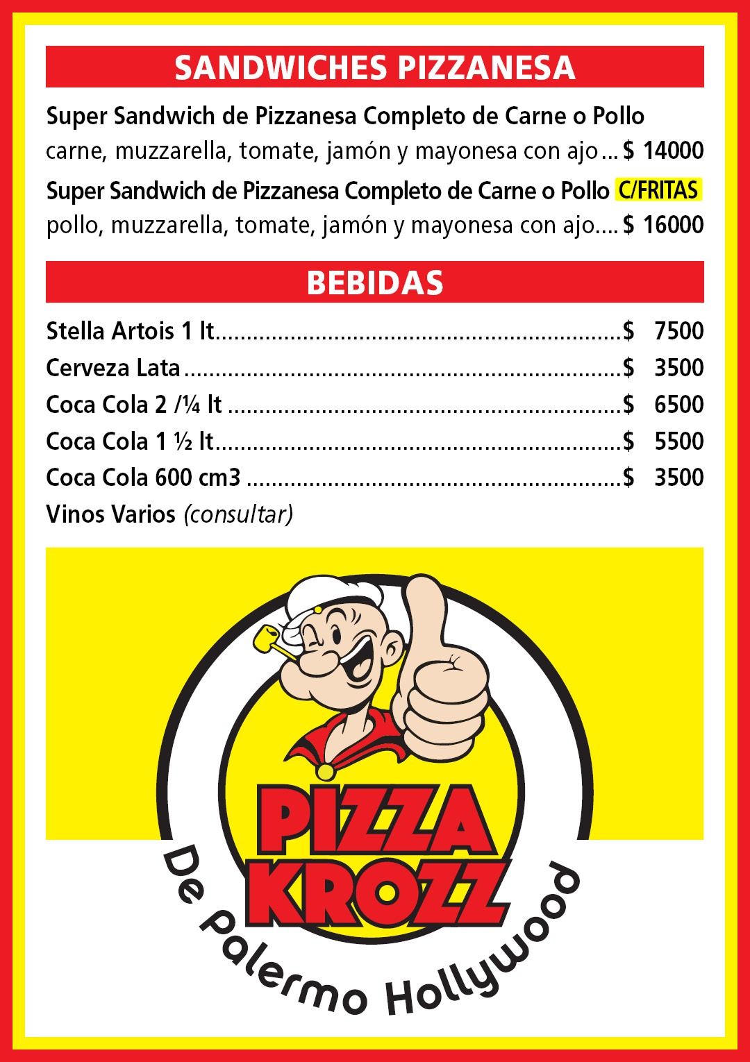 Menú de Pizza Krozz de Palermo Hollywood, que incluye sándwiches de pizza y bebidas, y presenta un logotipo de Popeye.