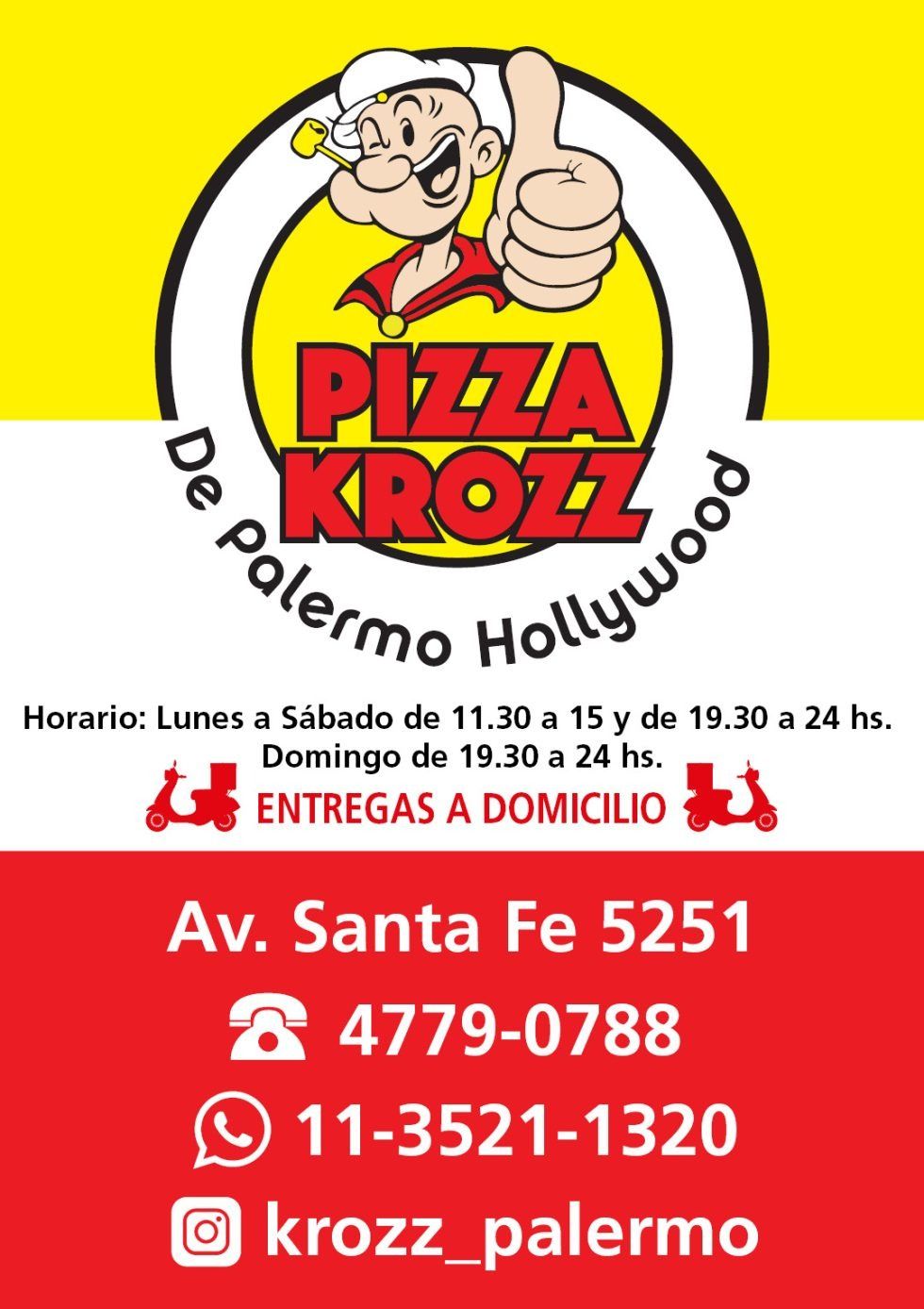 Anuncio de Pizza Krozz en Palermo Hollywood. Incluye dirección, teléfono, redes sociales y horario.