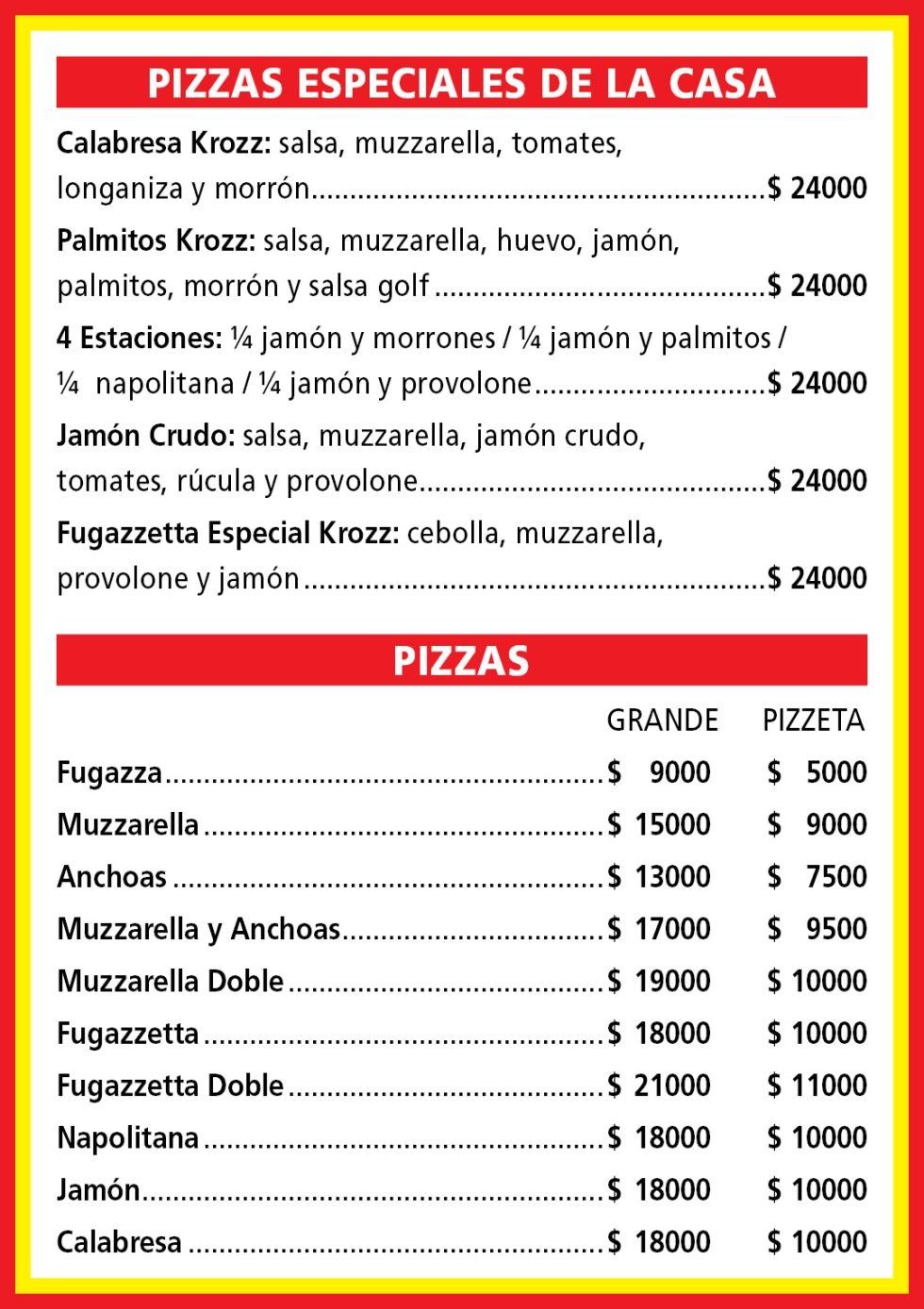 Un menú que enumera varias opciones de pizza y precios, con encabezados para 