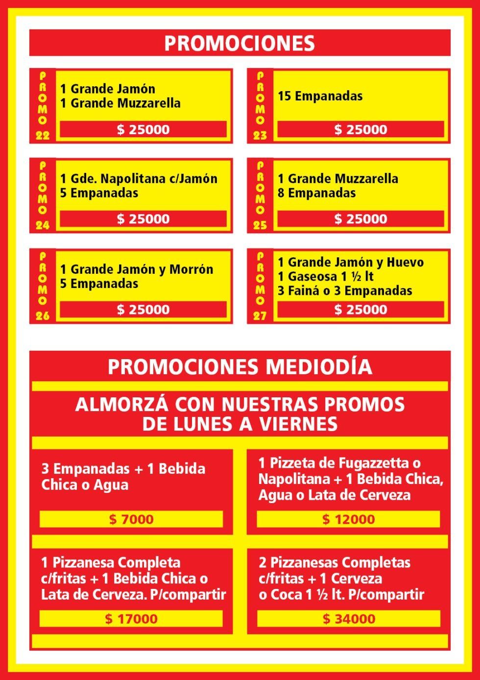 Un menú que lista diversas promociones de combos de pizza y empanadas