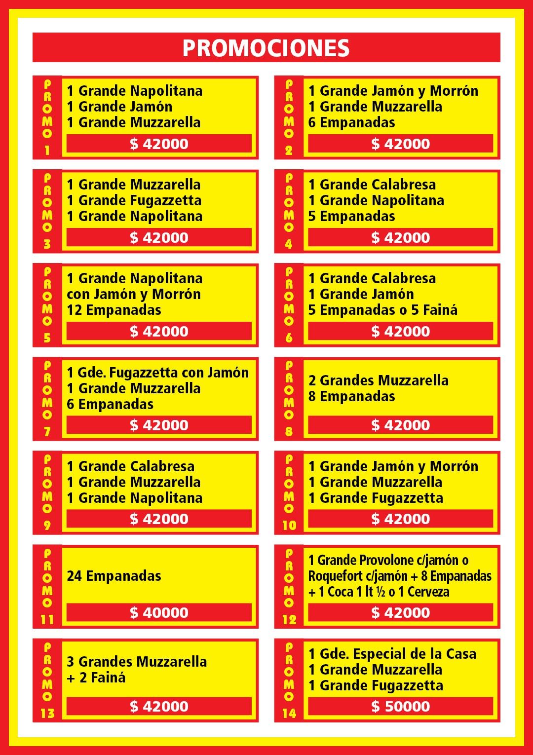 Un menú de ofertas promocionales de pizza y empanadas con precios