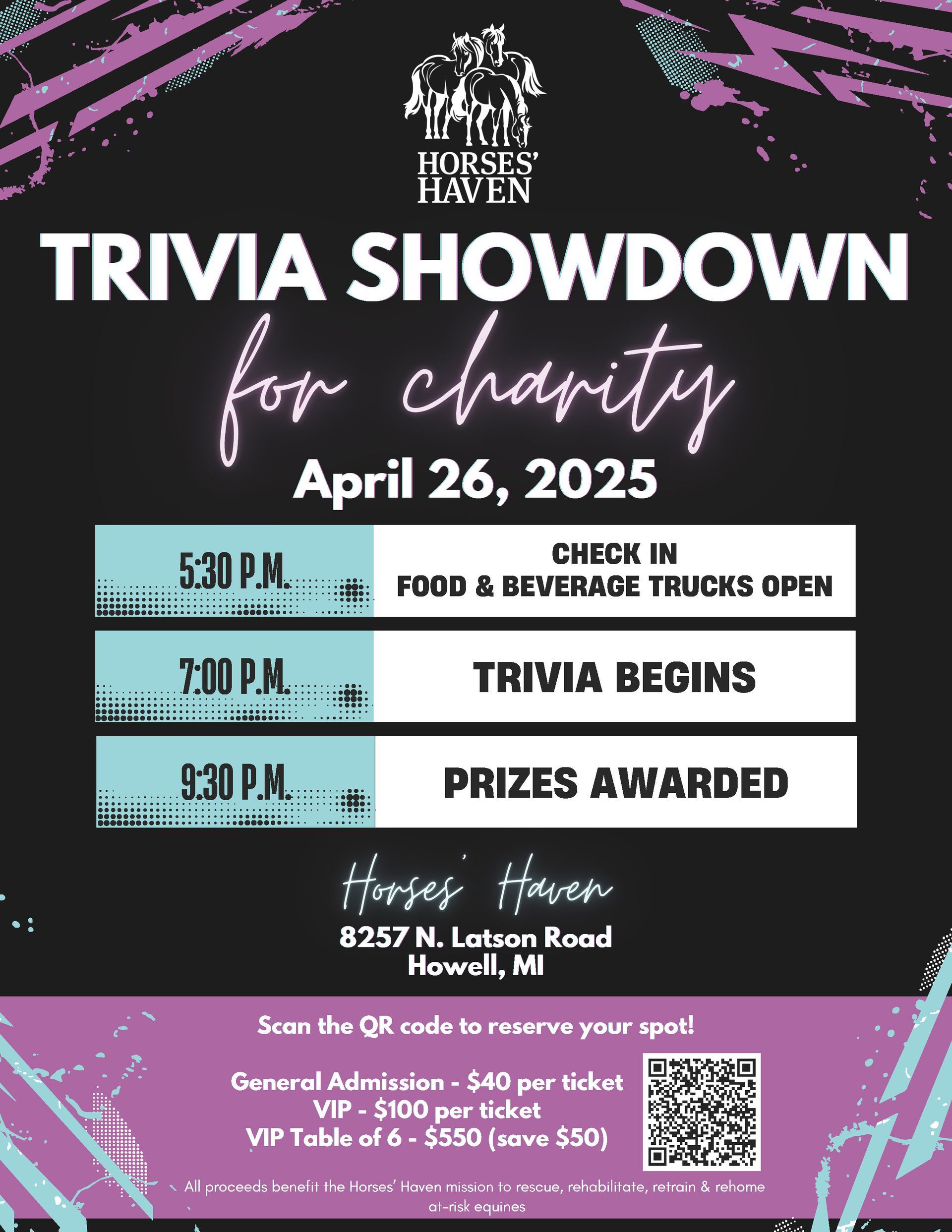 A poster for a trivia showdown for charity on april 26 , 2025.
