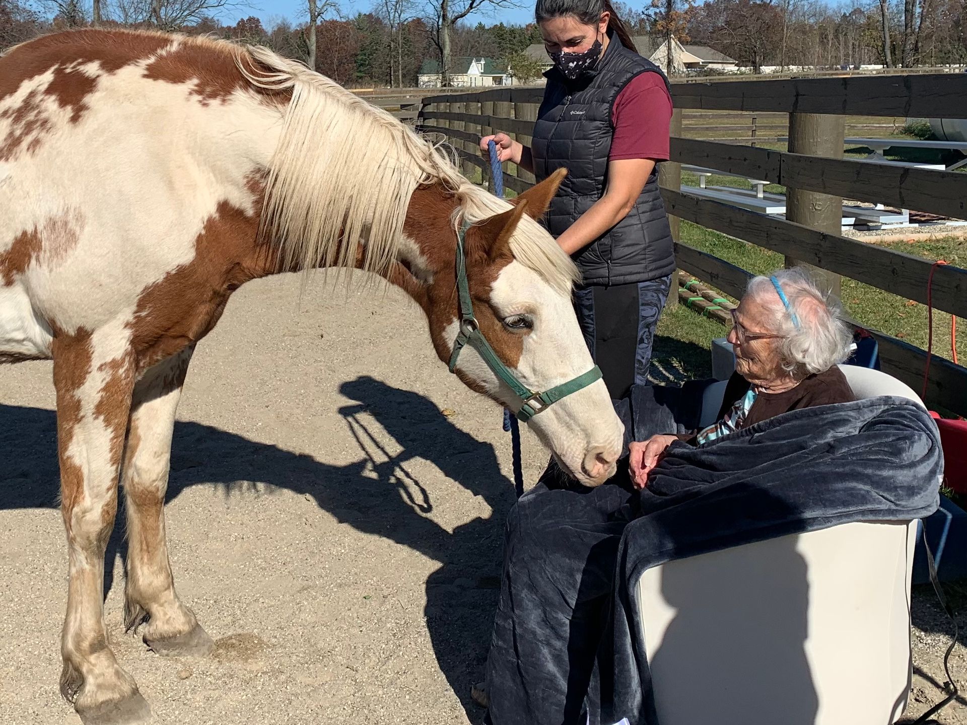A woman is petting a brown and white horse while a man sits in a chair.