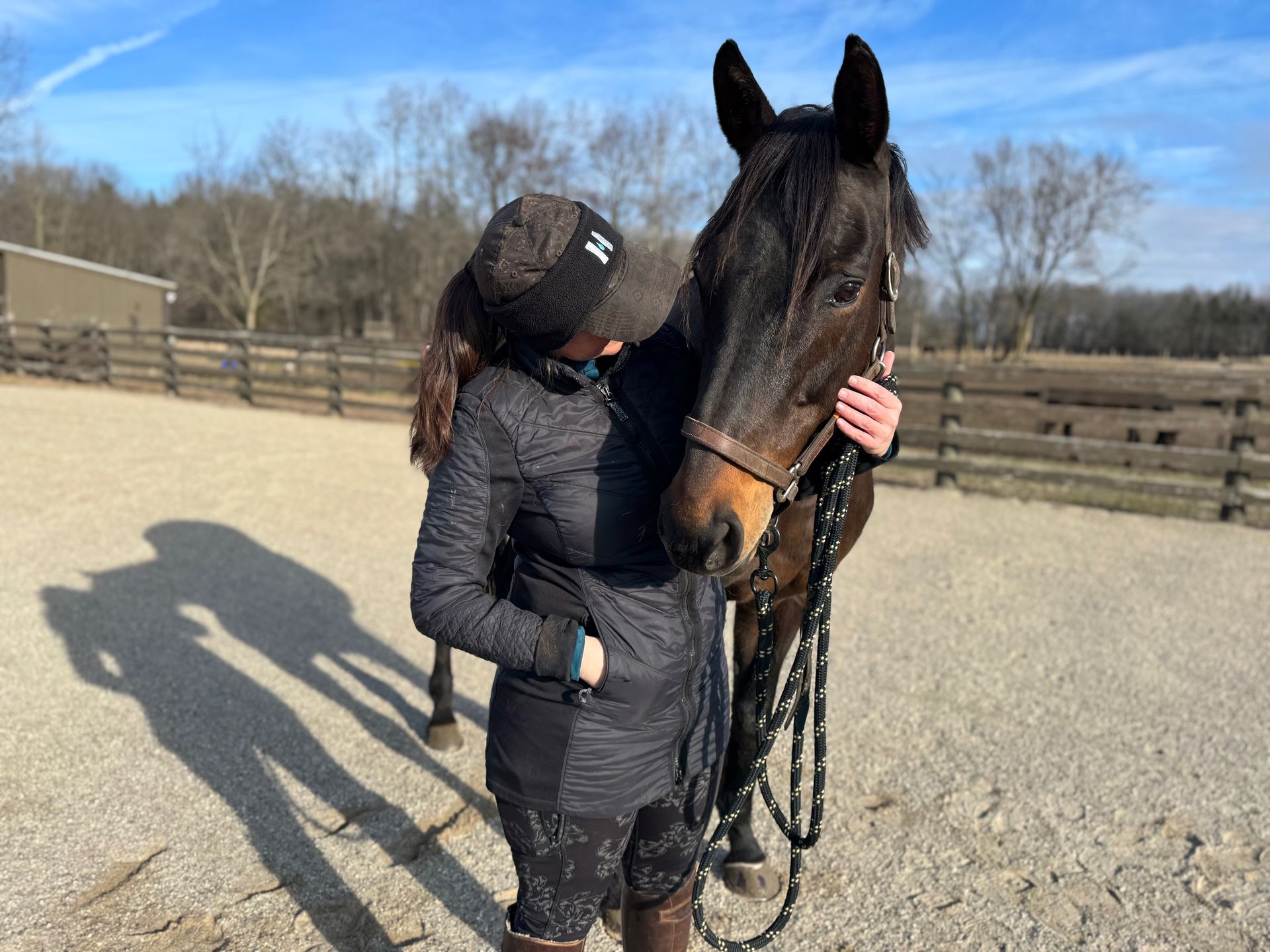 A woman is hugging a brown horse in a fenced in area.