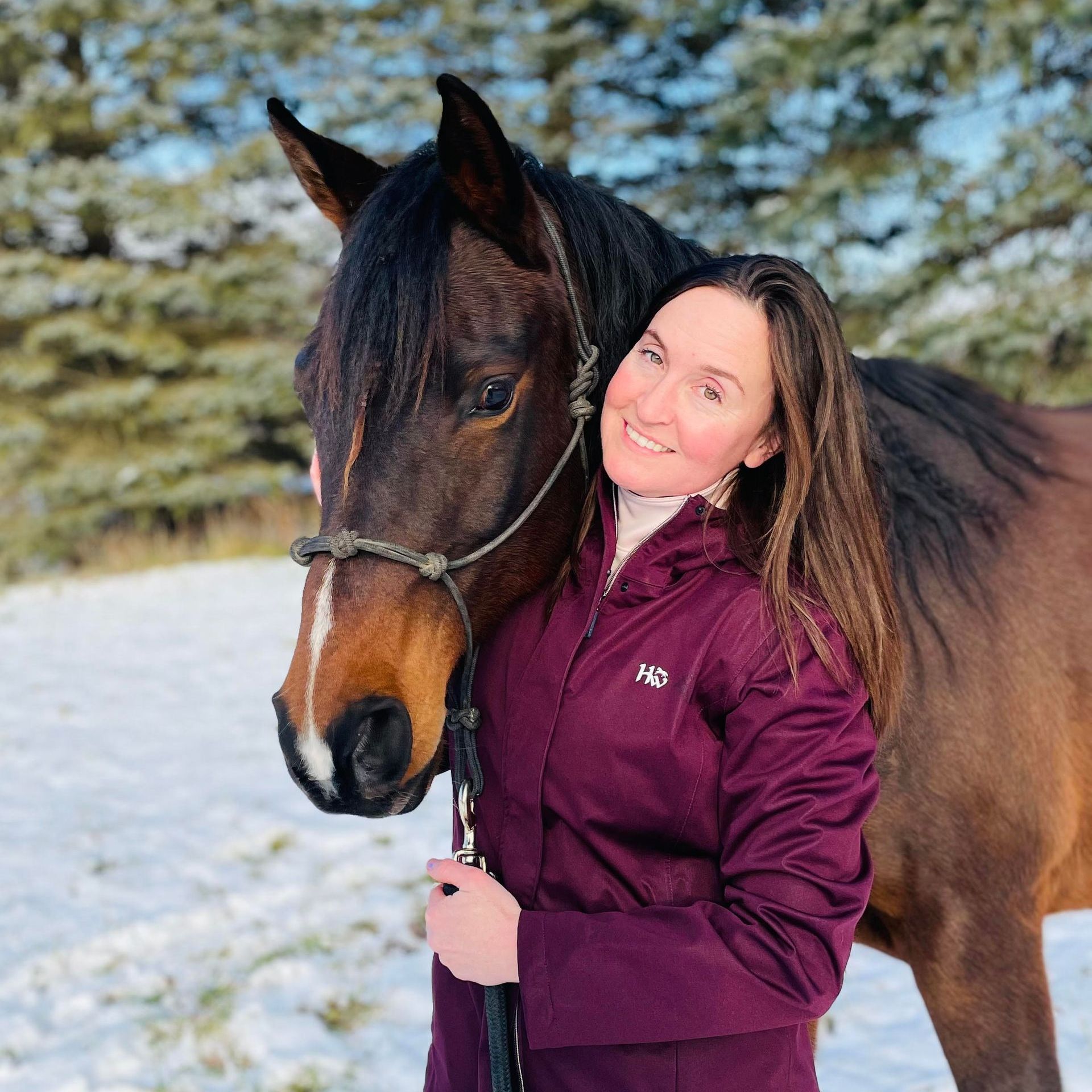 A woman in a purple jacket is hugging a brown horse in the snow.