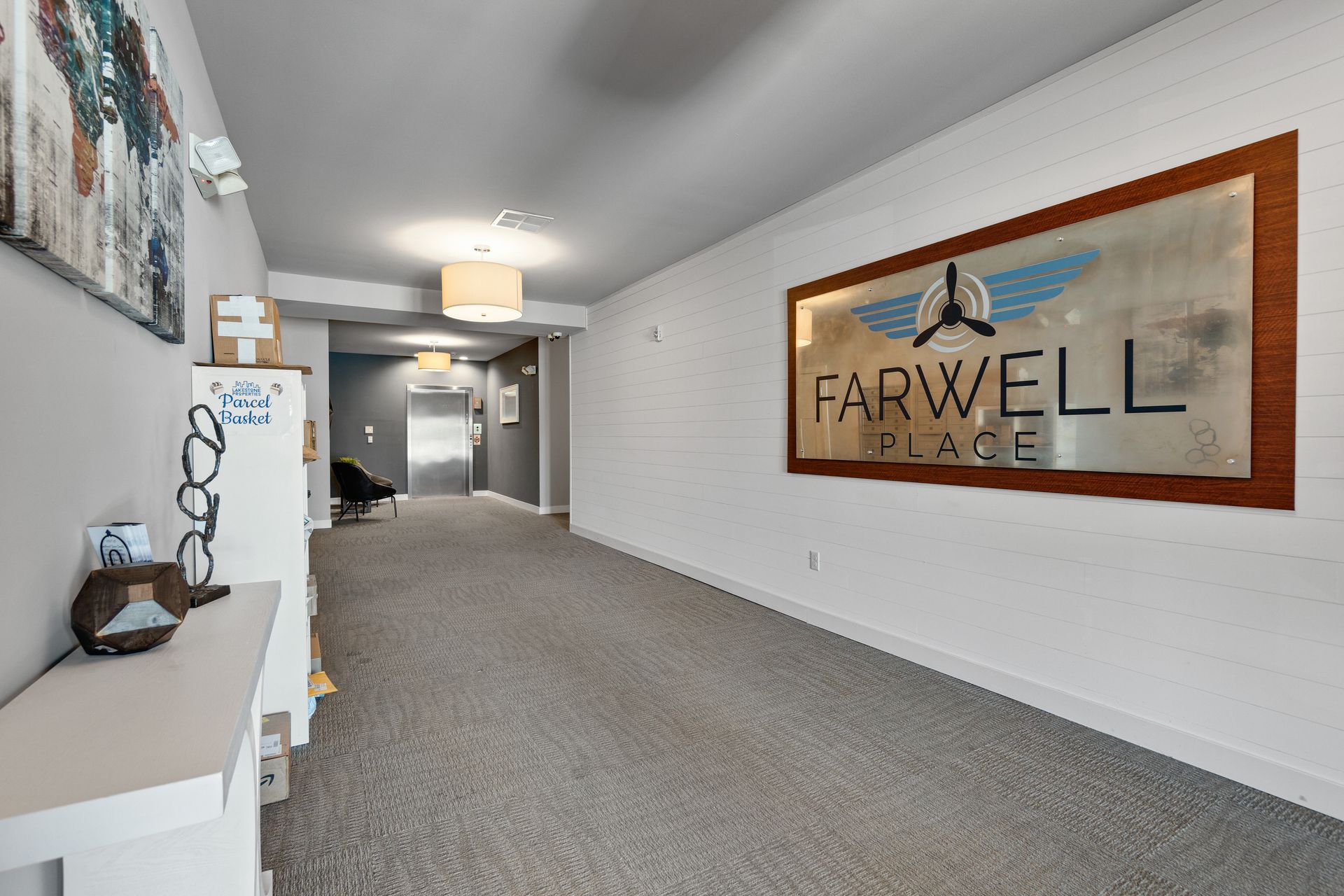 a hallway with a sign that says farewell place