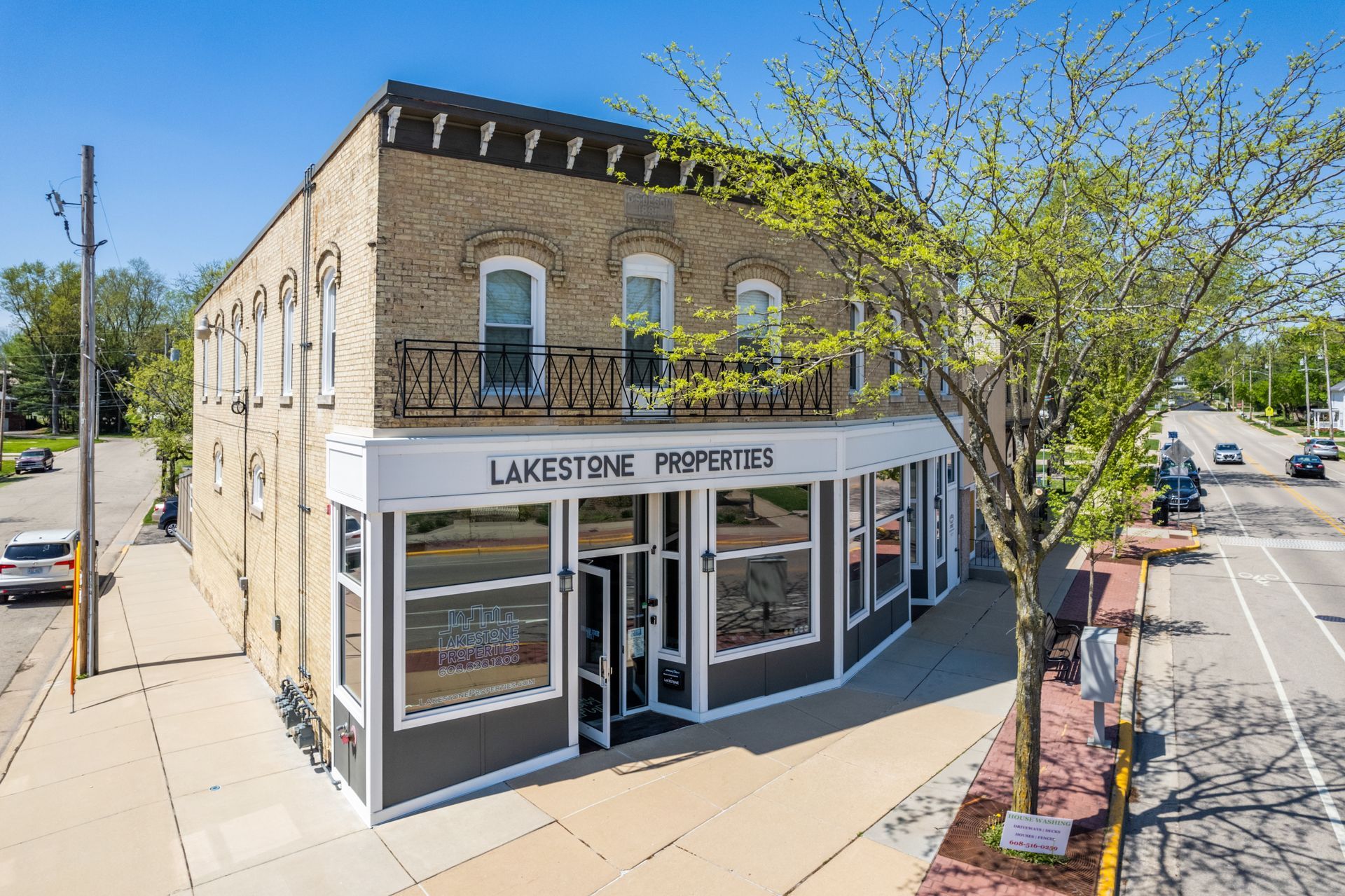 lakestone properties is located on the corner of a building
