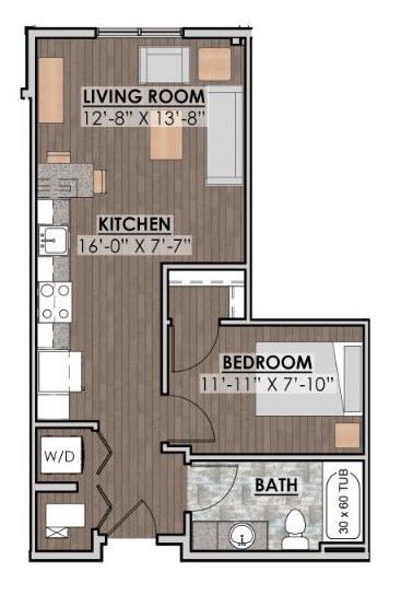 a floor plan of a one bedroom apartment with a living room , kitchen , bedroom and bathroom .