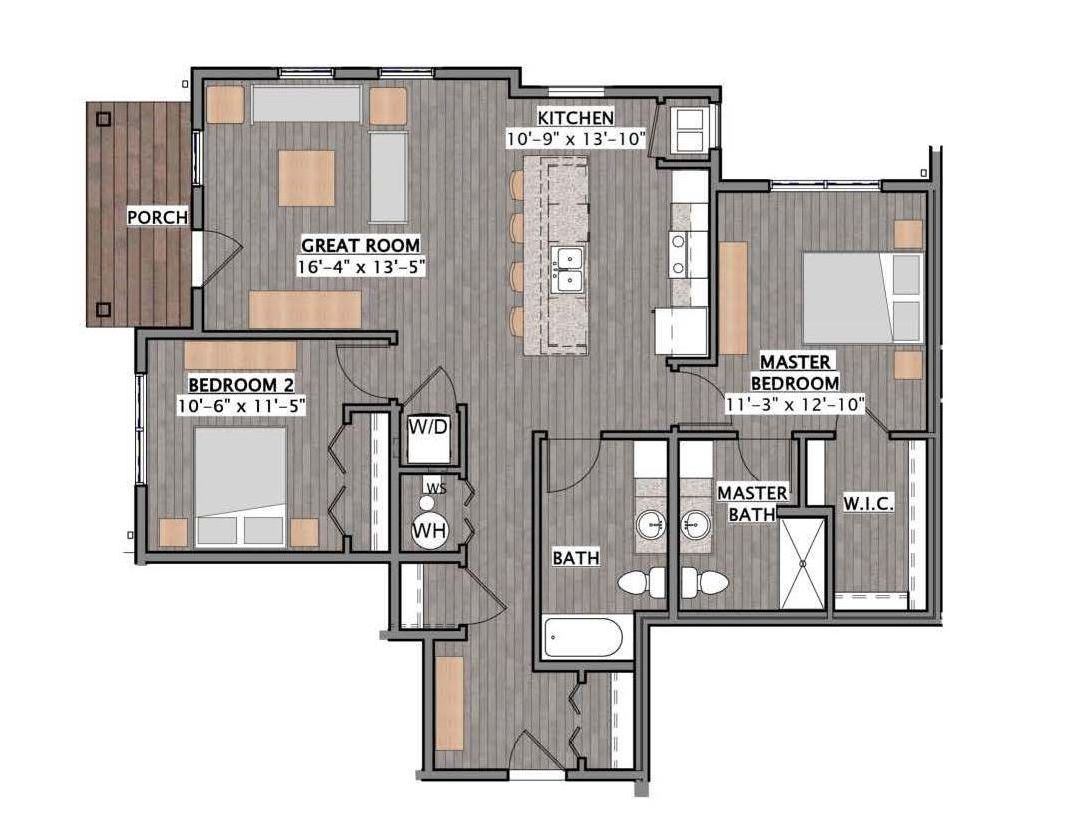a floor plan of a house with two bedrooms and a kitchen