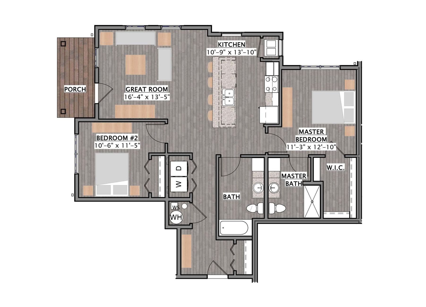 a floor plan of a house with a porch and master bedroom