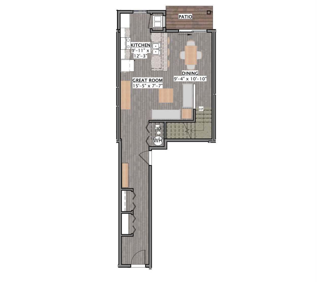 a floor plan of a house with a kitchen , dining room , and great room .