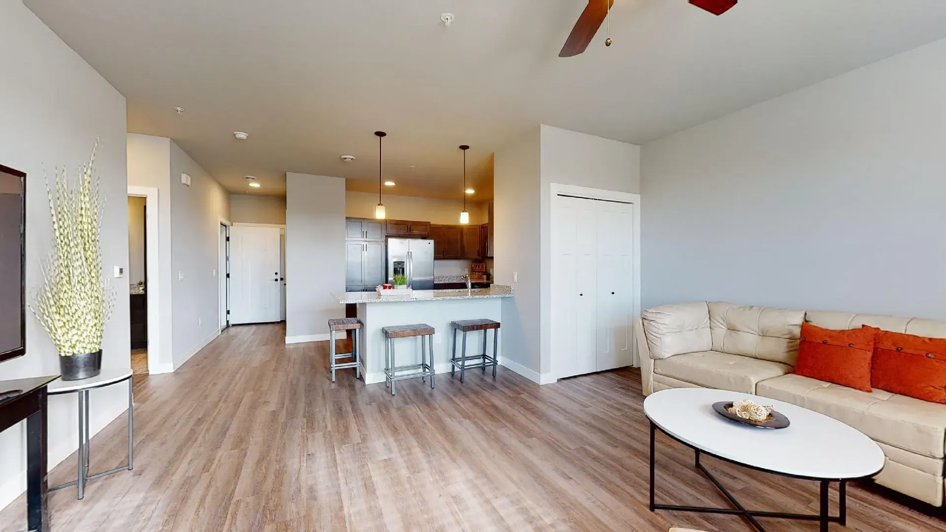 a living room with a couch and a coffee table
