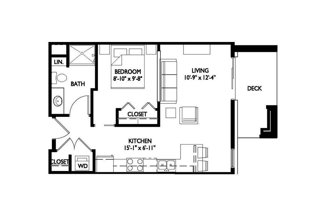 a black and white floor plan of a small apartment with a bedroom , living room , and kitchen .