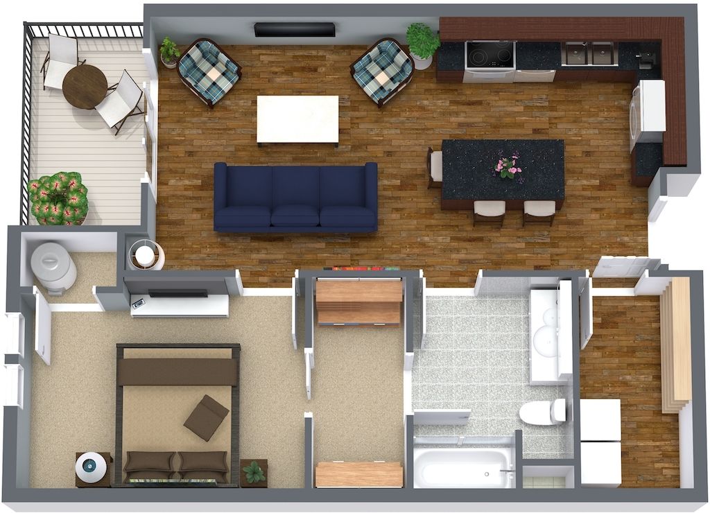 a floor plan of a house with a blue couch