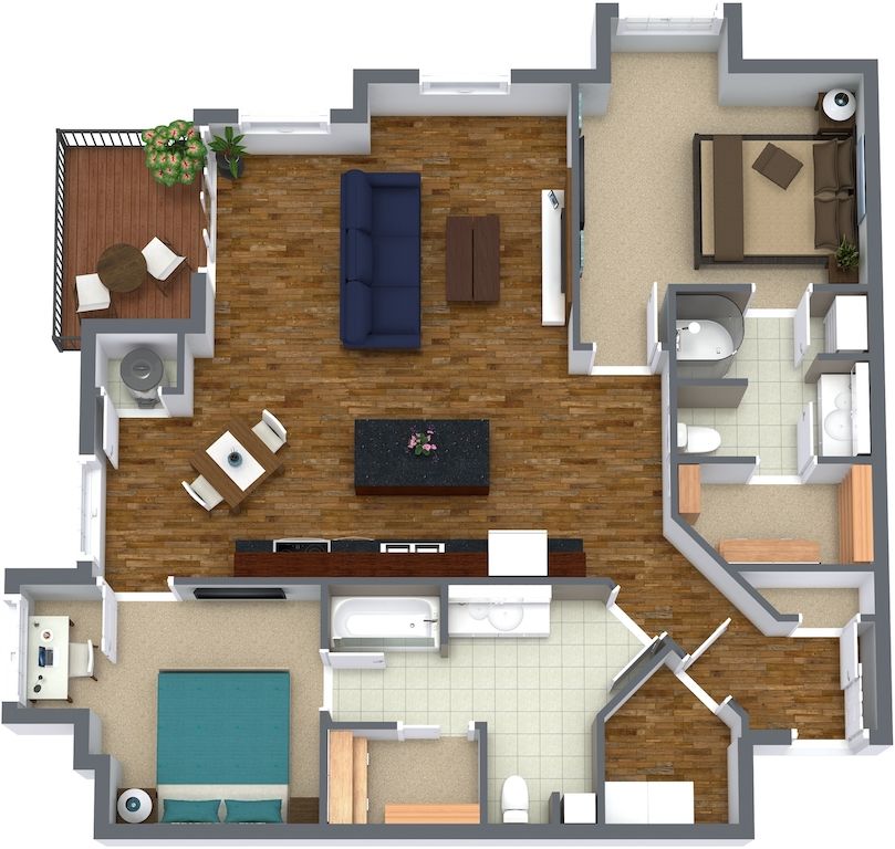 a floor plan of a house with a blue couch