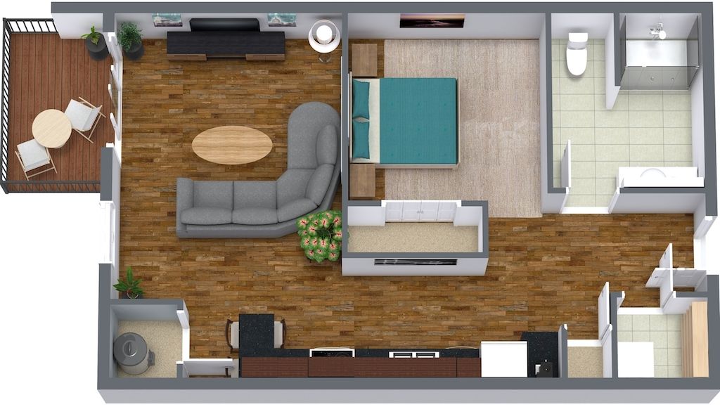 an aerial view of a house with a couch and a bed