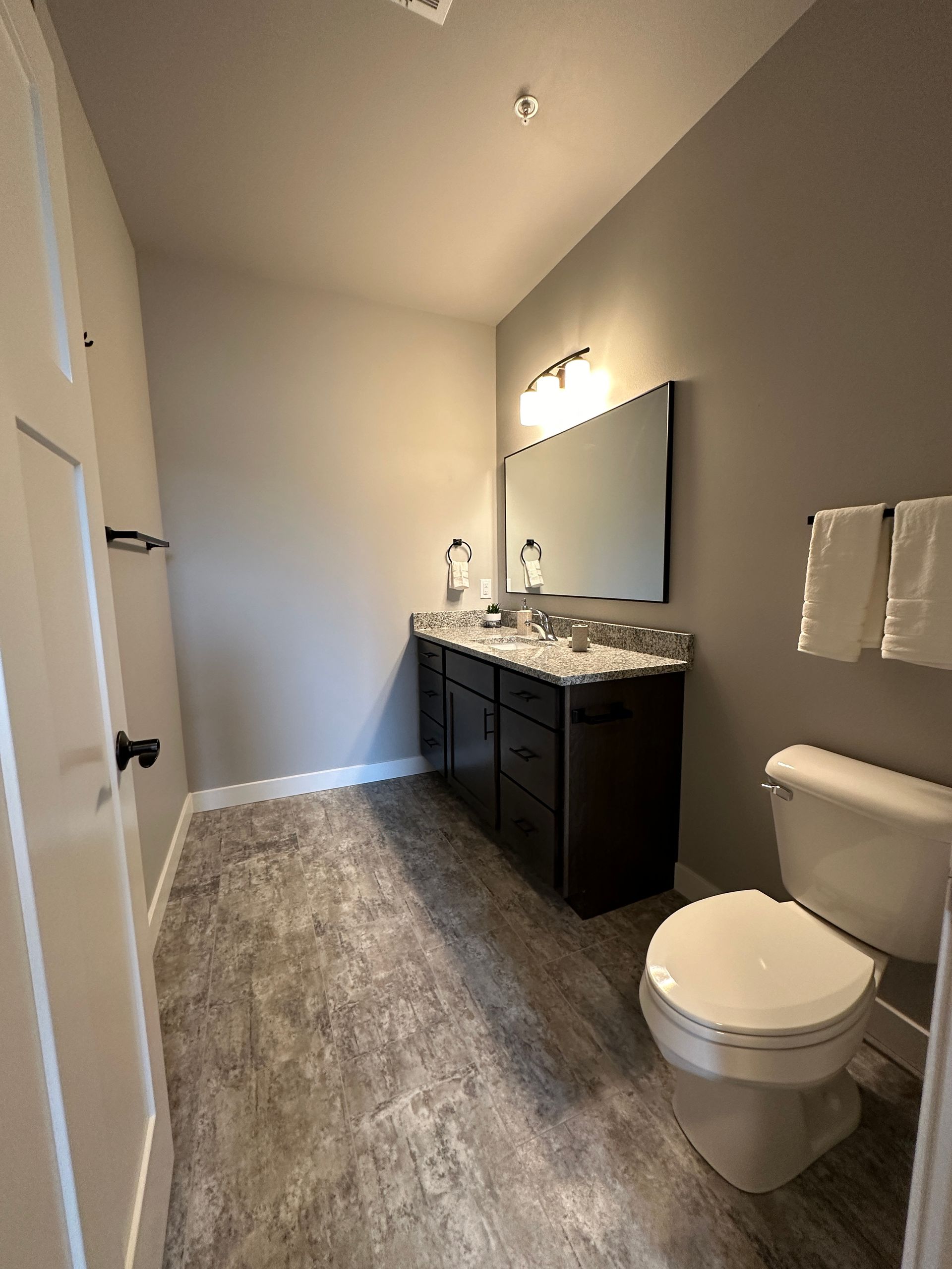 a bathroom with two sinks and a toilet